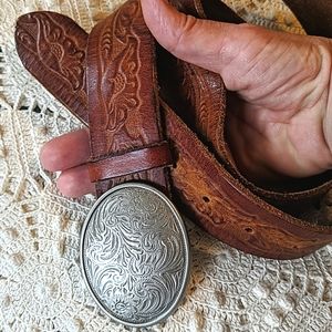 Brown tooled leather belt 40"